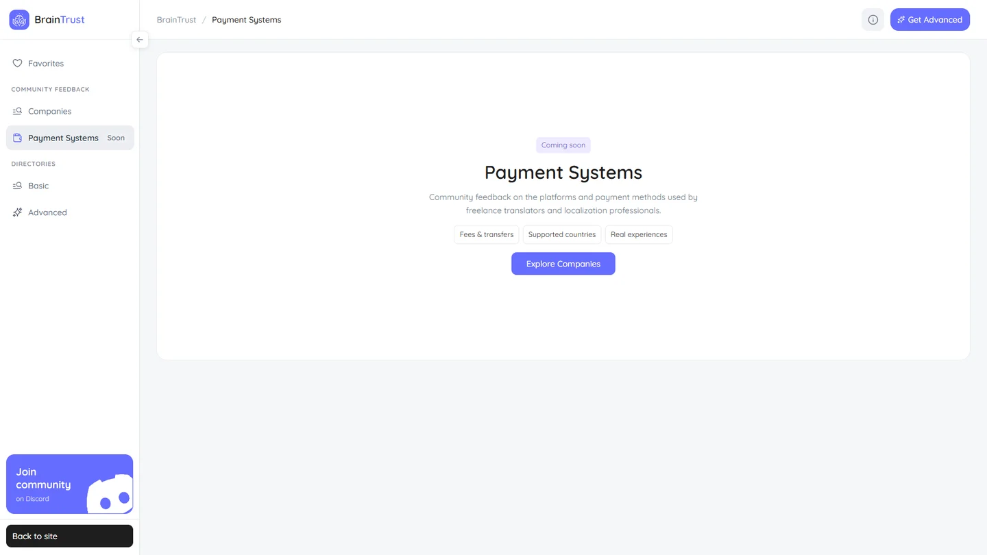 BrainTrust Payment Systems section marked Coming soon, with an introduction to upcoming community feedback.
